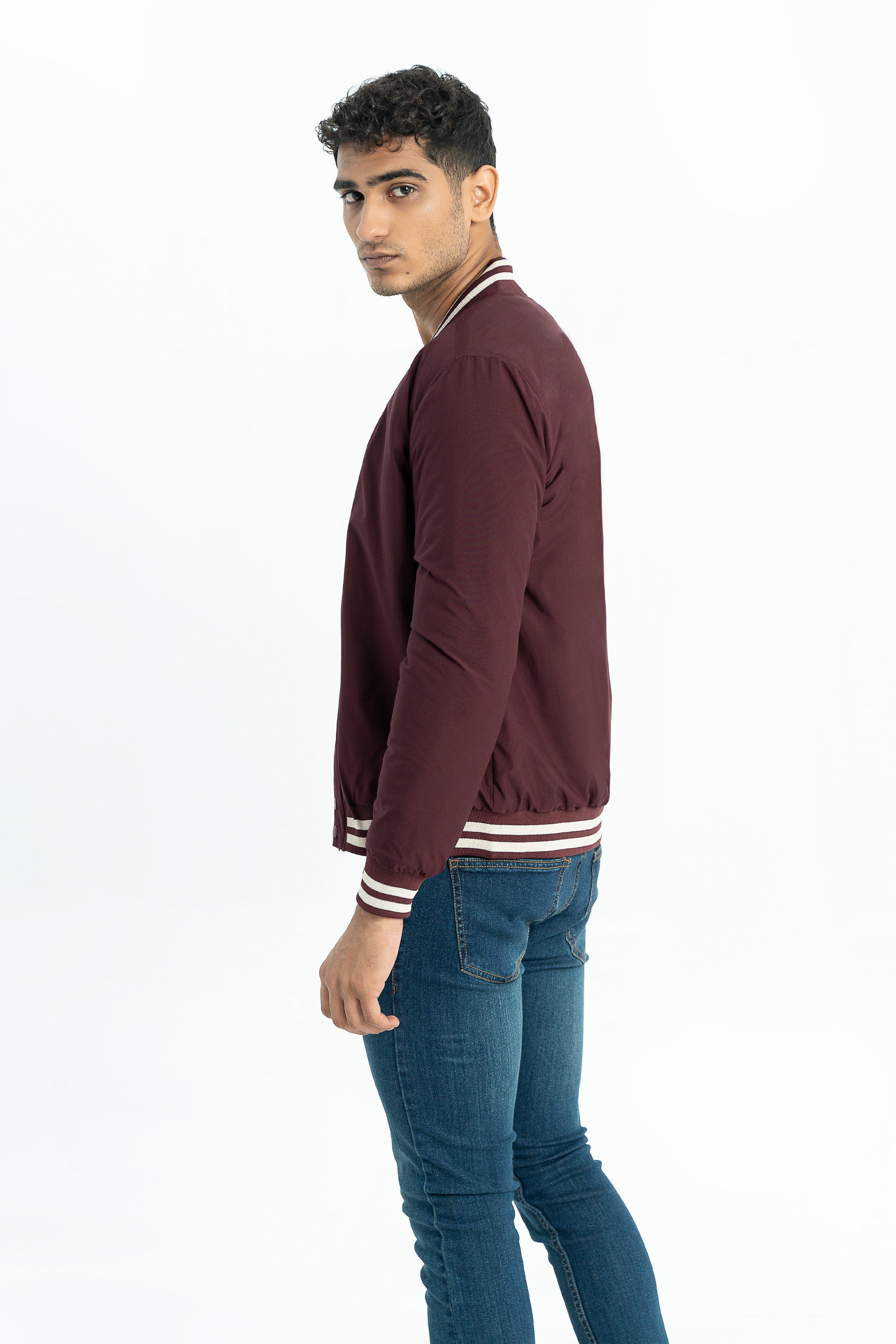 Maroon Bomber Jacket With White Stripped Collar