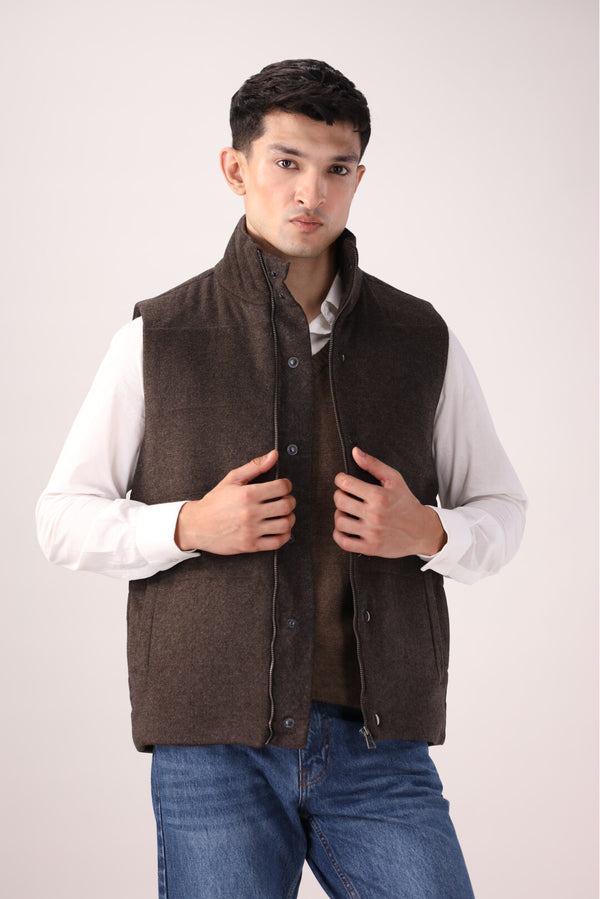 Brown Tweed Sleeveless Jacket