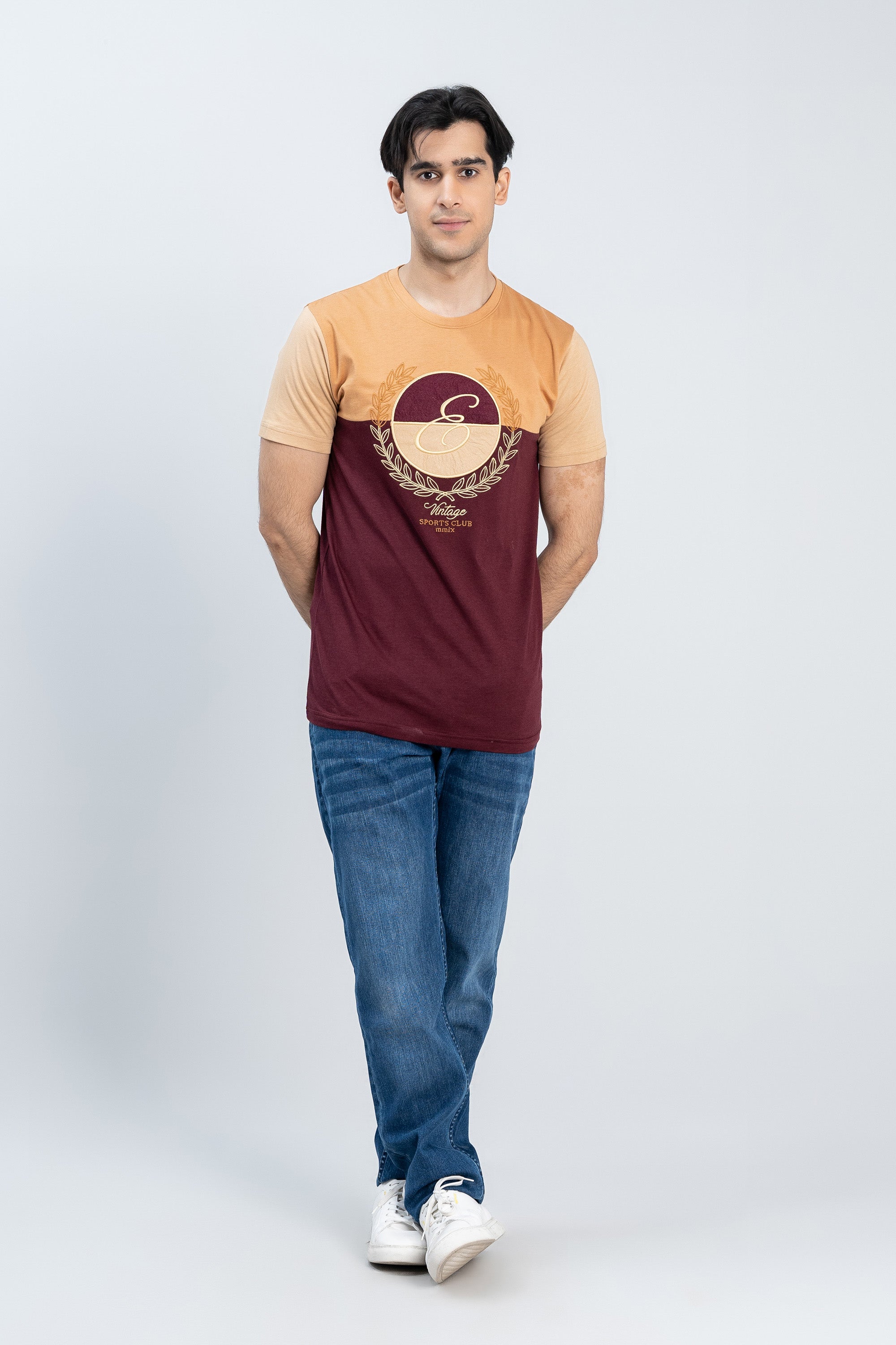 Camel-Maroon Cotton T-Shirt