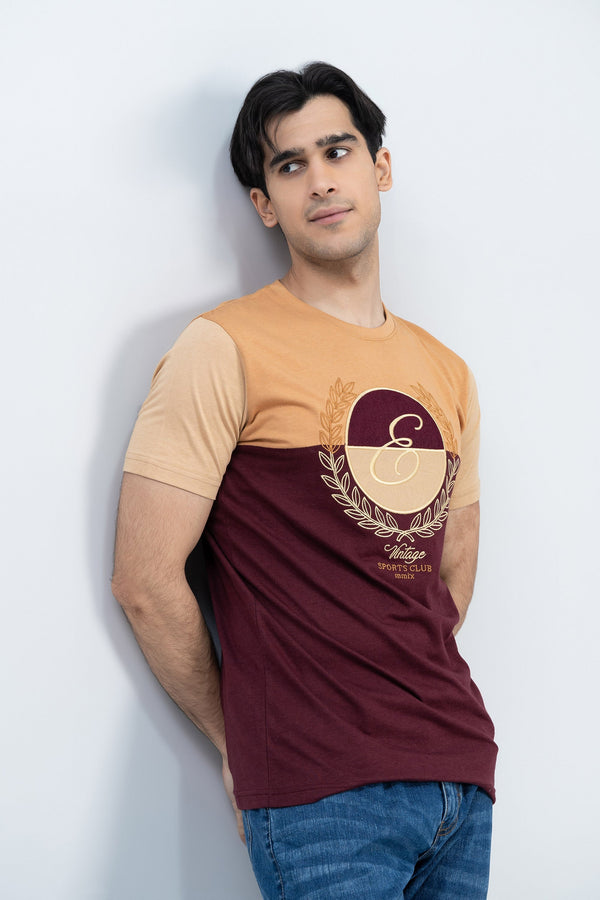 Camel-Maroon Cotton T-Shirt