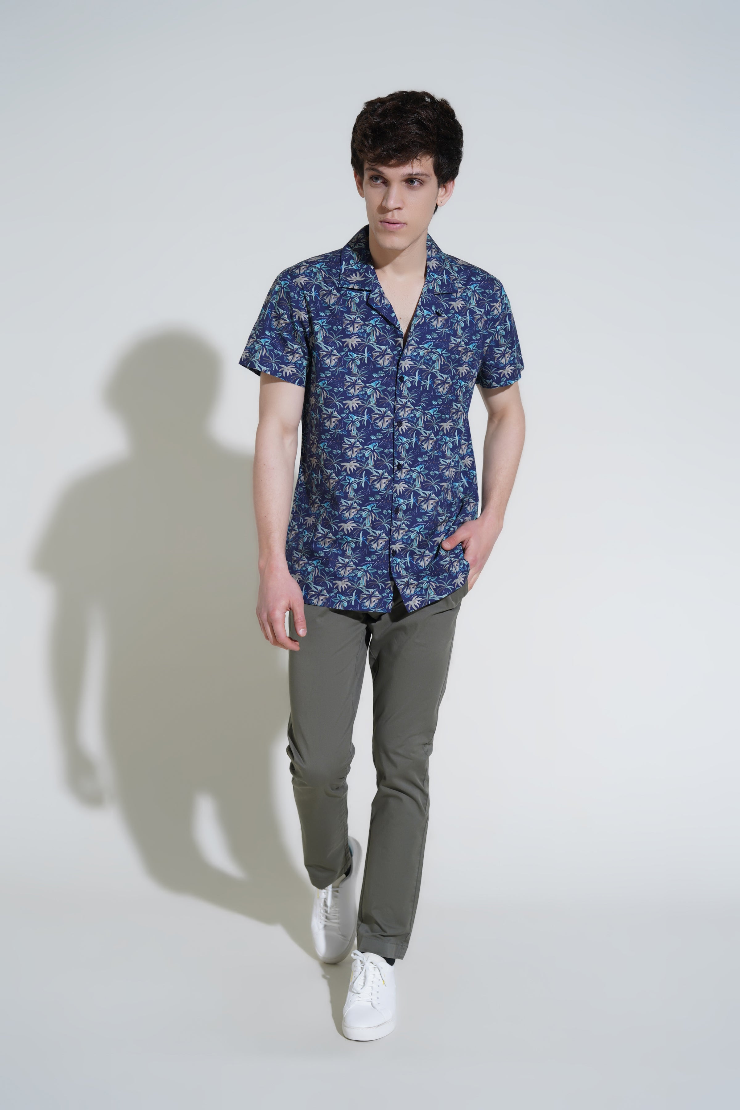Navy Floral Themed Casual Shirt