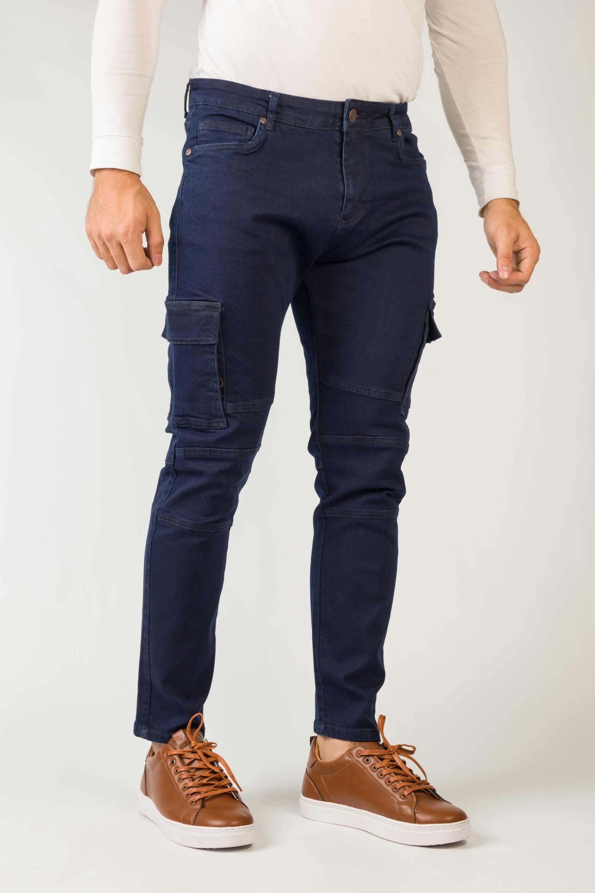 Cropped Fit Navy Cargo Jeans