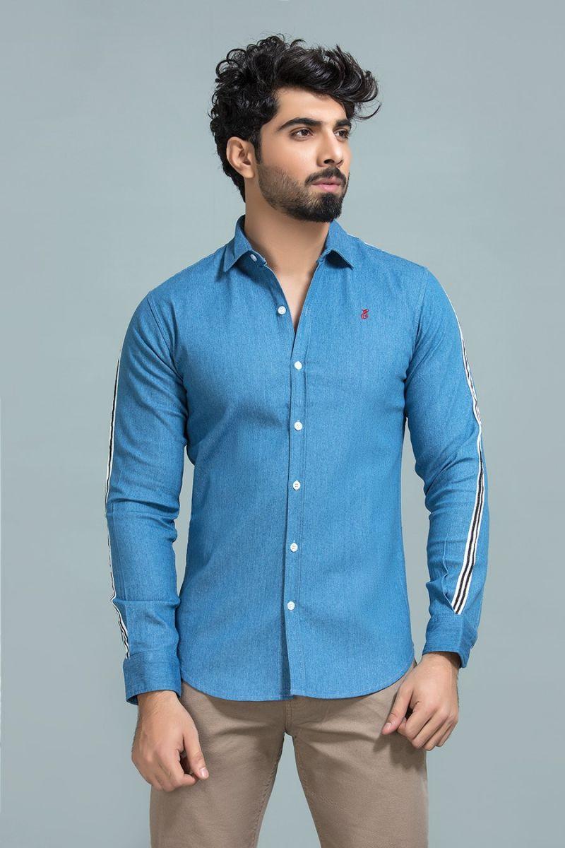 Side Stripe Blue Denim Shirt - Equator Stores